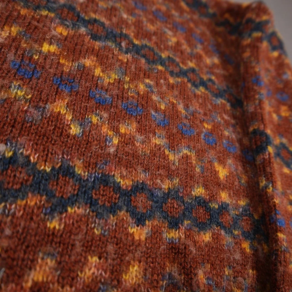 Vintage 80s Fair Isle Geometric Knit Men Sweater L Boho Coastal Rustic College